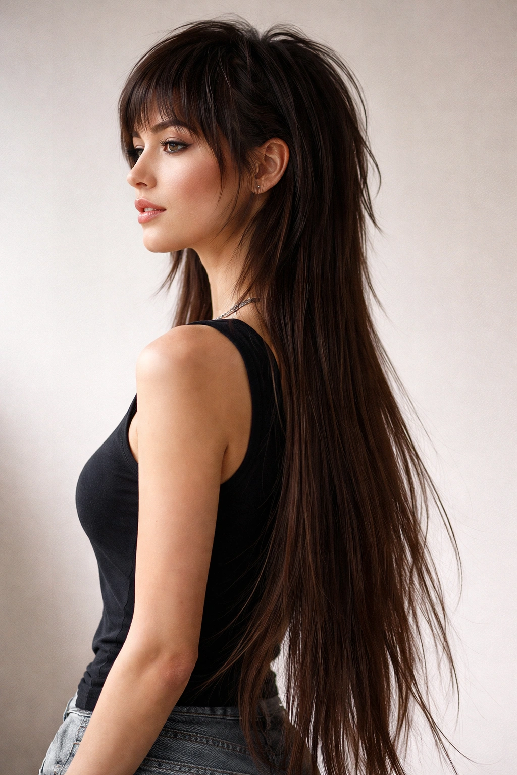 Profile view of straight hair showing short front and long back in a mullet-inspired shag
