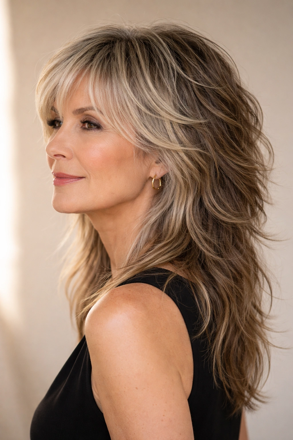Portrait of a woman with a modern mullet shag hybrid showing longer back and textured top