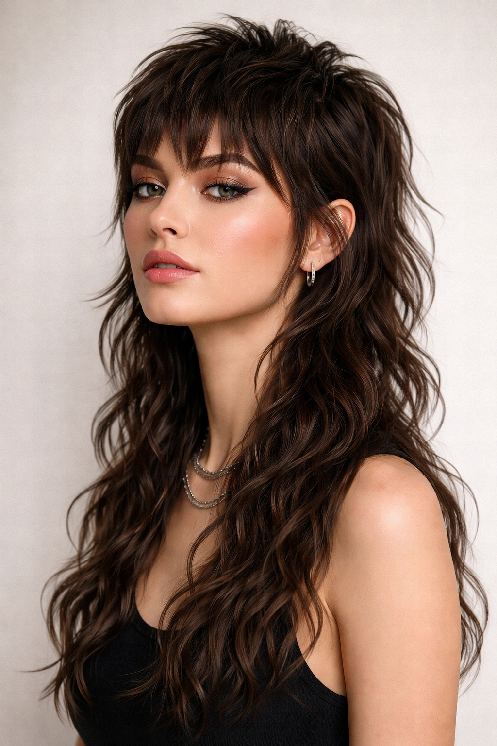 Portrait of a model with a mullet wolf cut featuring defined waves