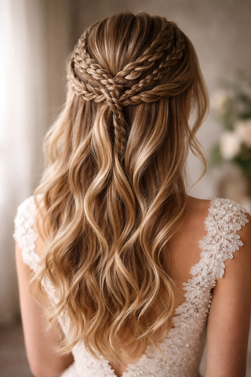 Three braids forming a bold multi-braid half-up look