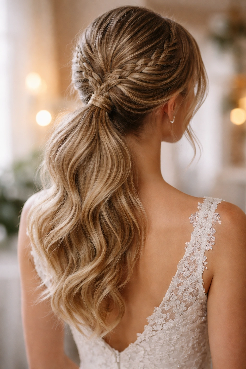 Close-up back view of a bridal hairstyle with two Dutch braids merging into a ponytail