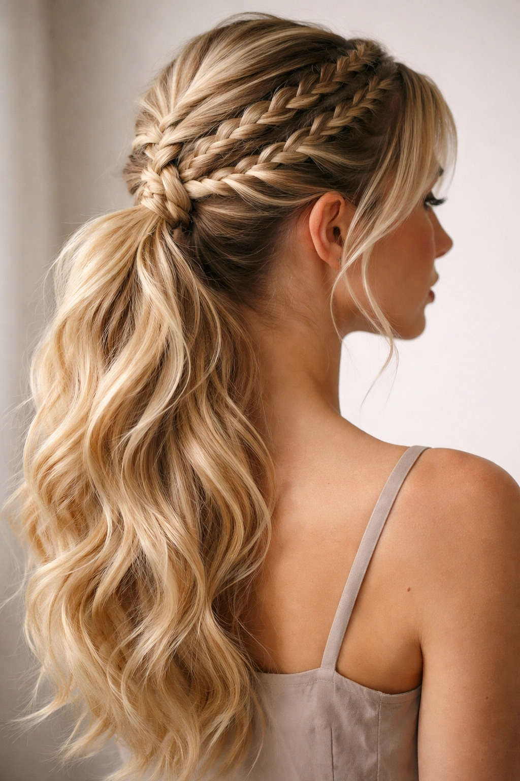 Multiple small braids around crown tied into ponytail