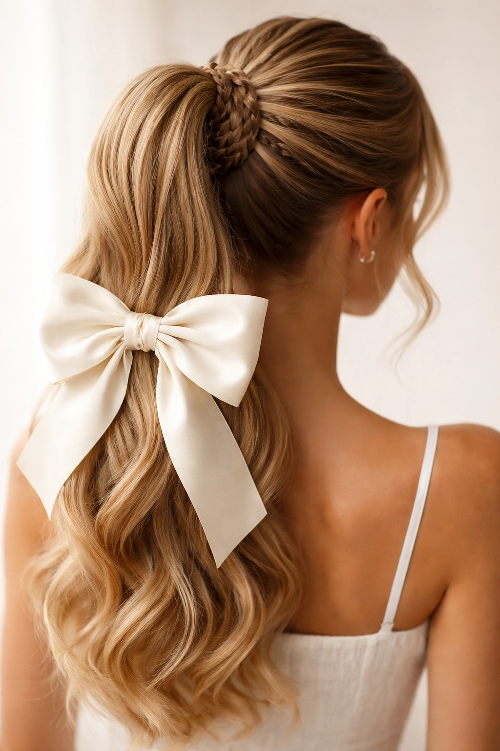Close-up of Multi-Braided Ponytail With Statement Bow showing multiple braids and a bold bow