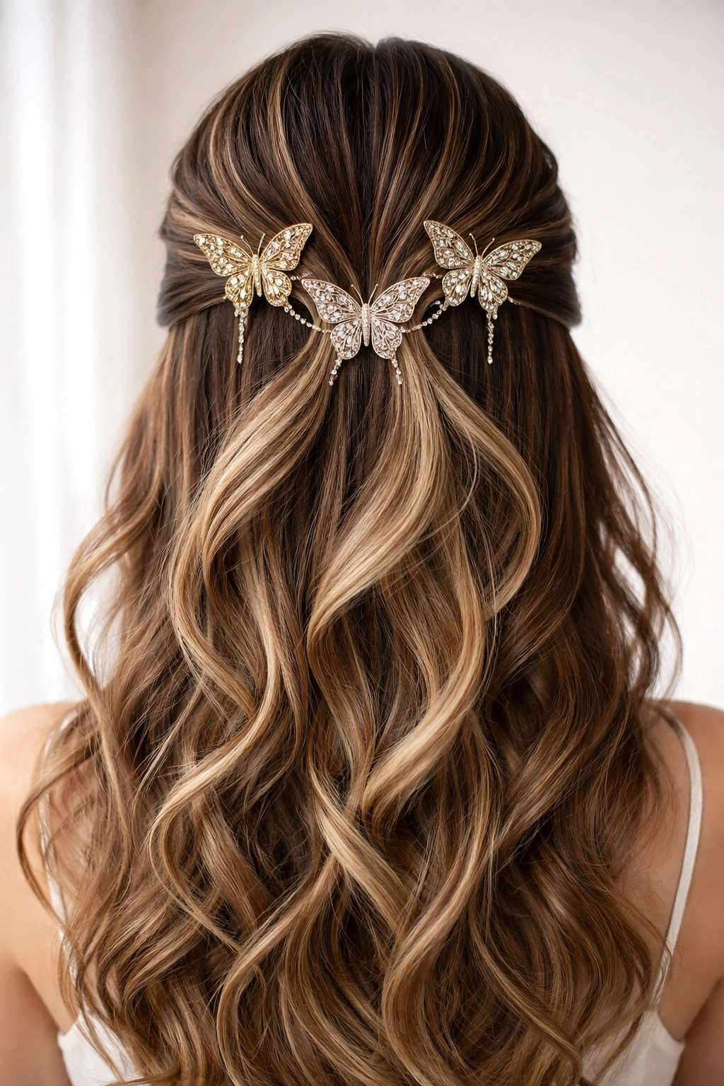 Geometric arrangement of three butterfly clips on the crown