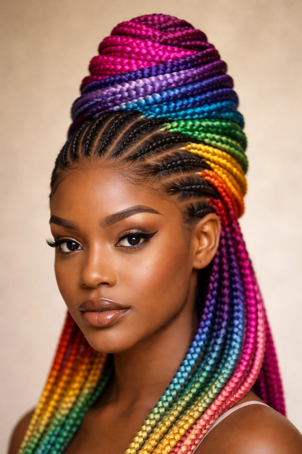 Multi-Colored Beehive Cornrows with color-varied extensions