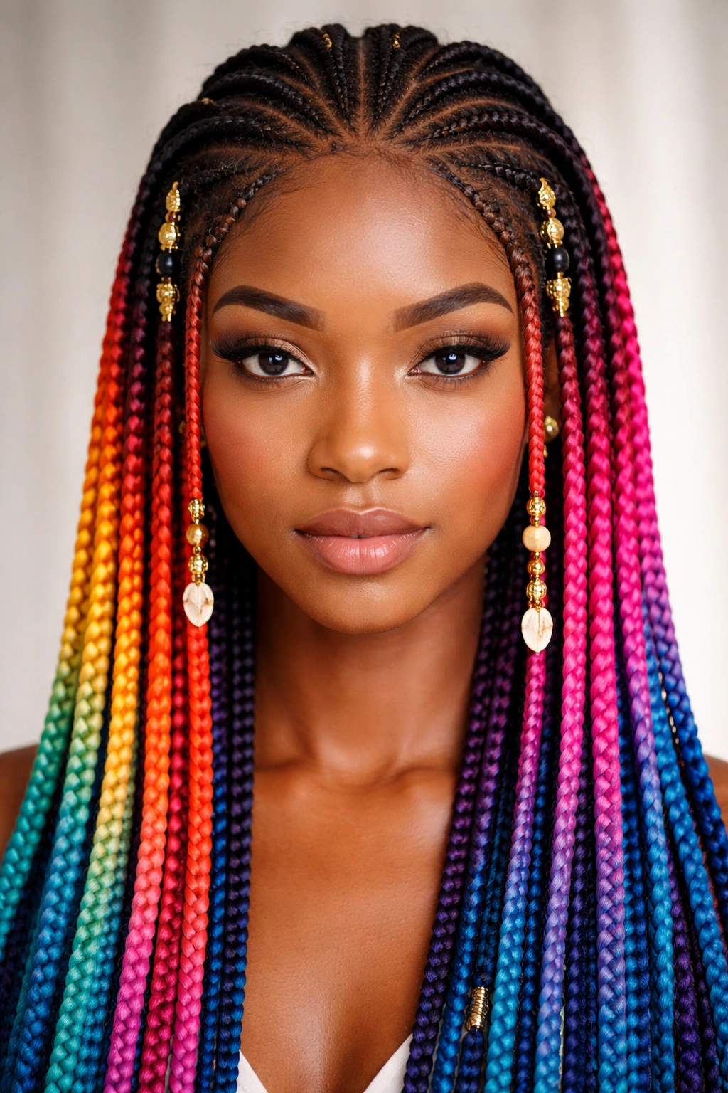 Close-up of multi-colored Fulani braids showing color transitions and blocks