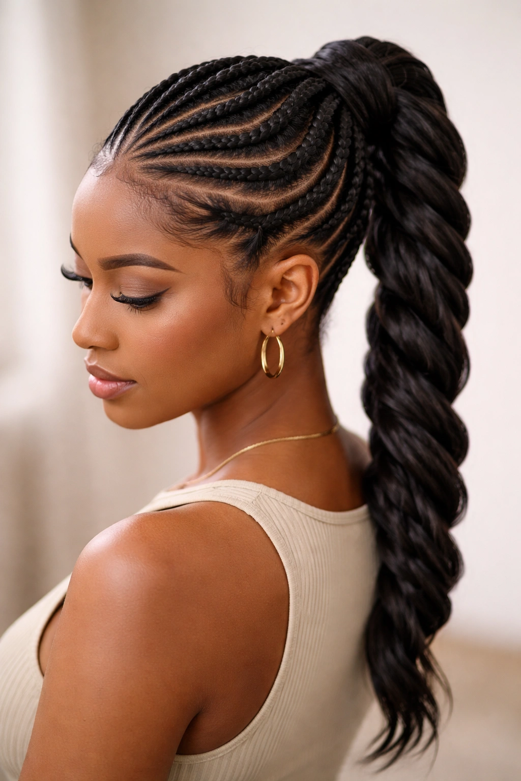 Multi-directional Ghana cornrows with a twisted ponytail in a studio portrait
