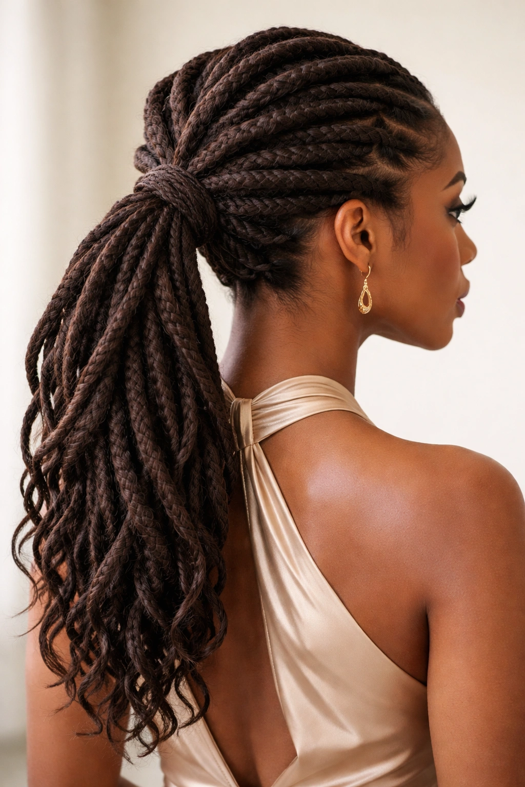 Multi-directional twisted ponytail with twists from multiple directions converging into ponytail