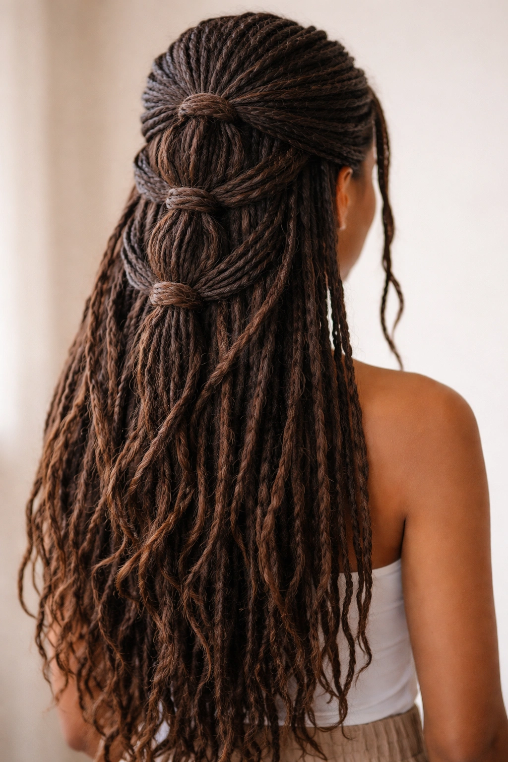 Back view of cascading multi-level half-up locs showing layered cascades