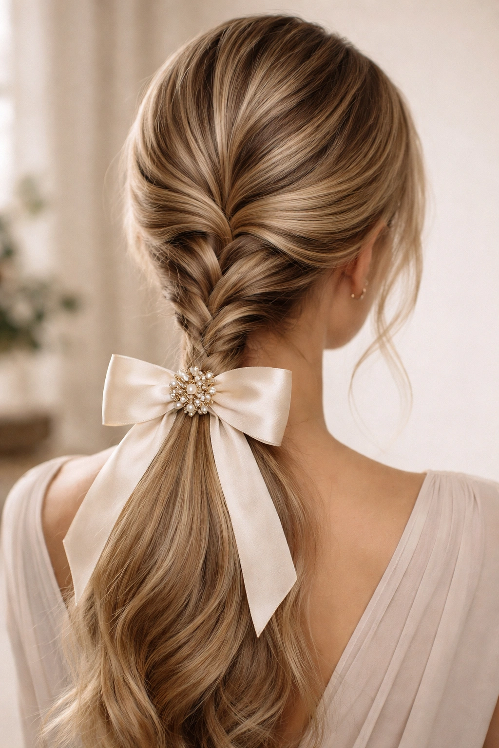 Multi-strand low ponytail with decorative bow