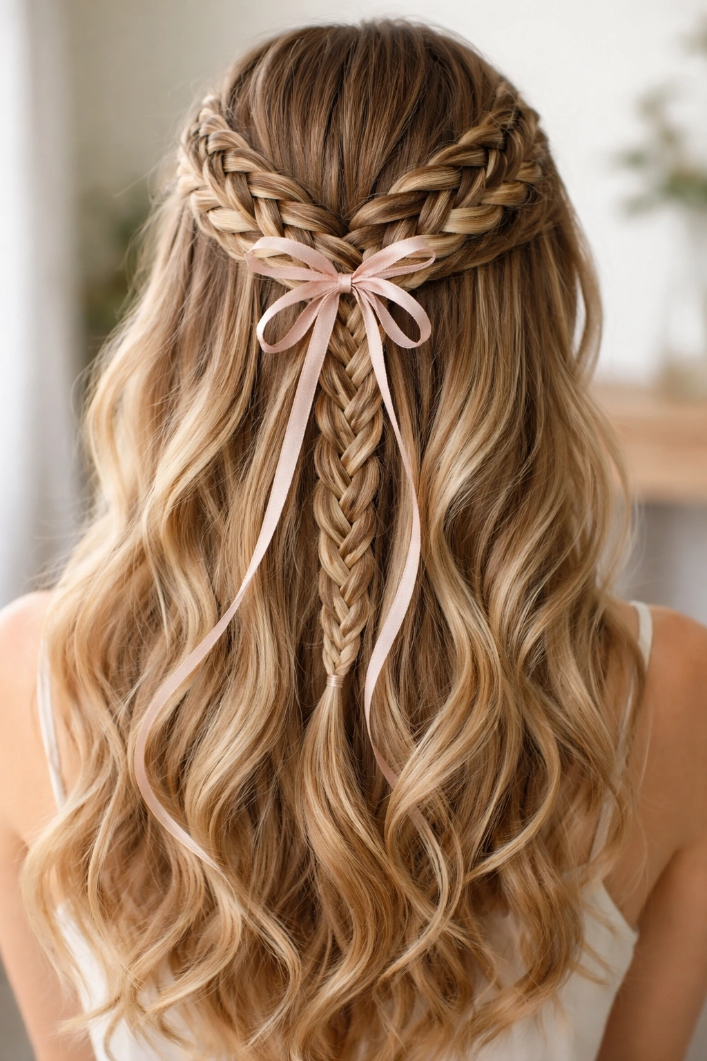 Multiple small braids with ribbon woven through in half-up hairstyle