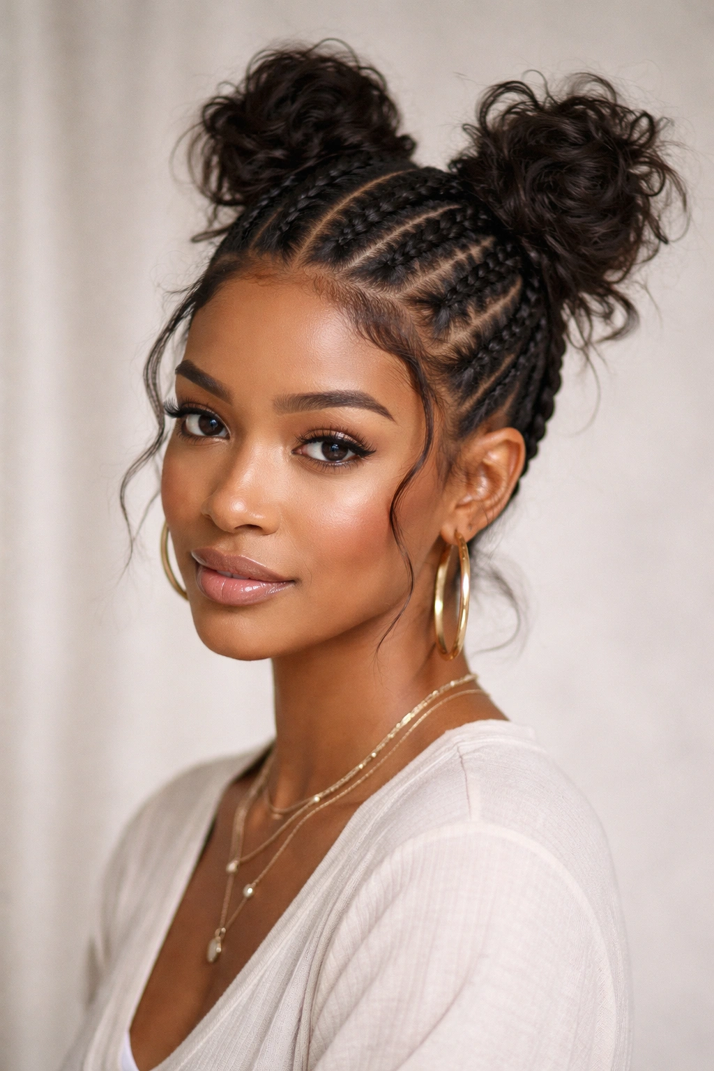 Multiple thin feed-in cornrows ending in loose, messy buns