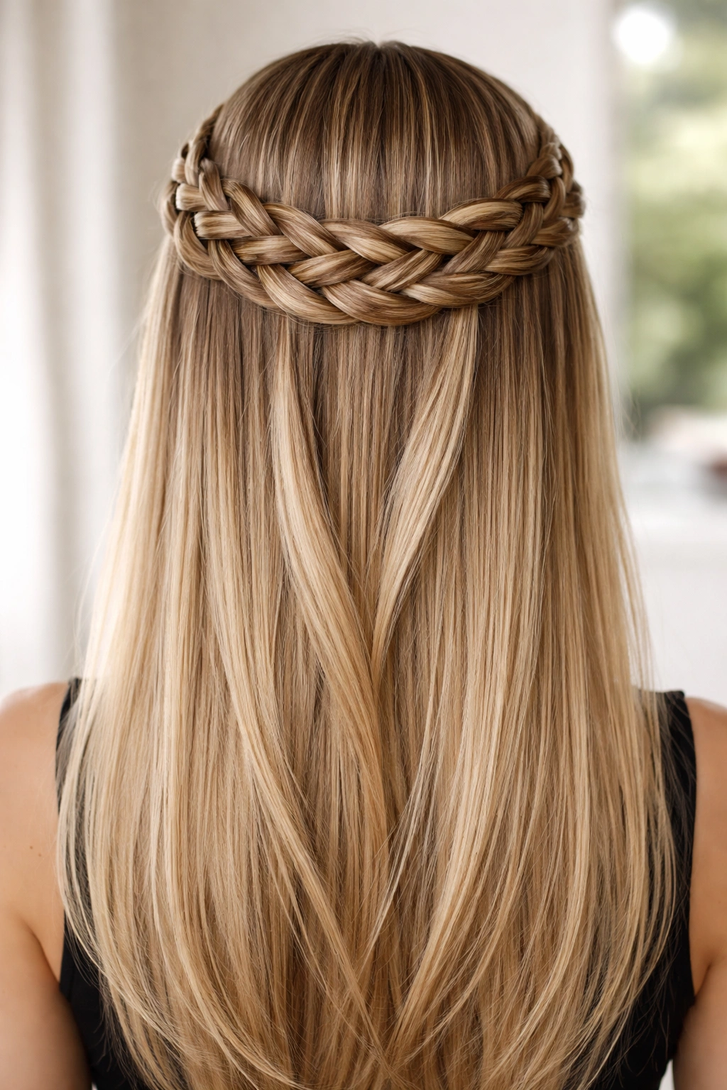 Multi-strand crown braid with four to five strands on straight hair