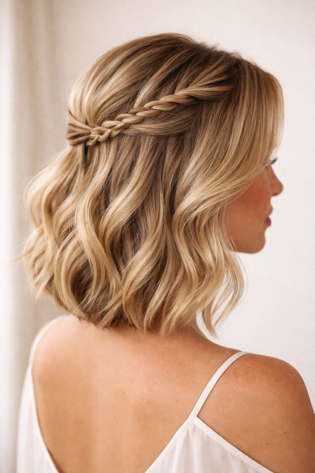 Blonde bob with crown braid and twist blending into loose waves