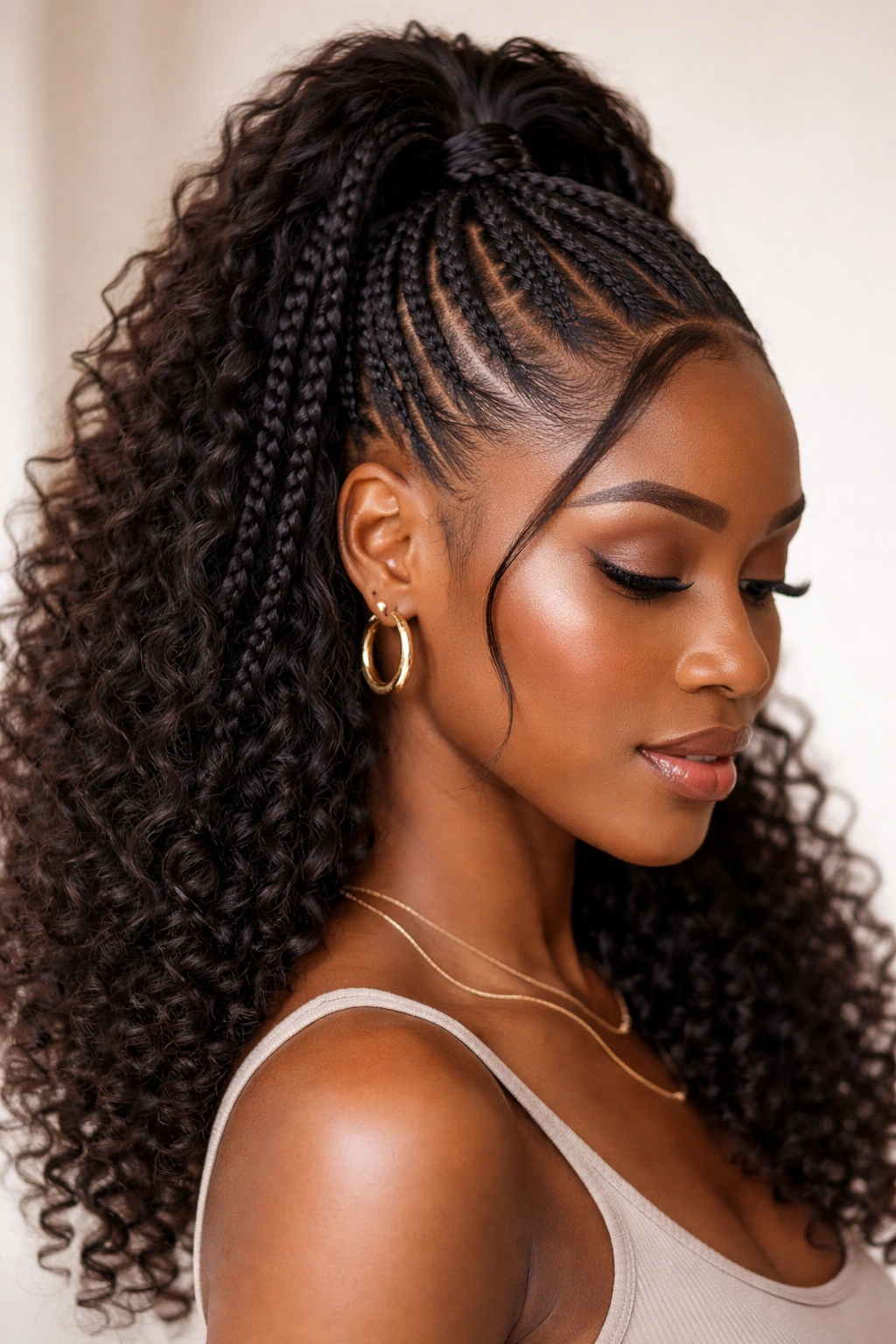 Half-up hairstyle with multiple textures including twists, braids, smooth sections, and curls