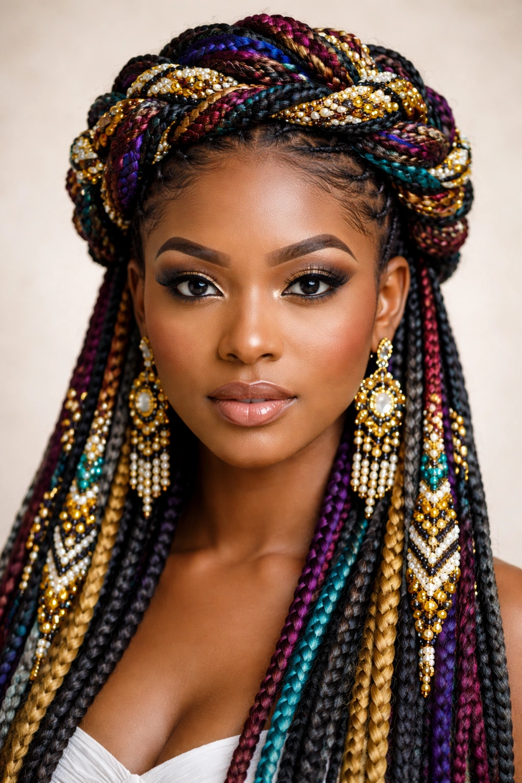 Close-up of a model wearing a multicolor braided crown with beads.