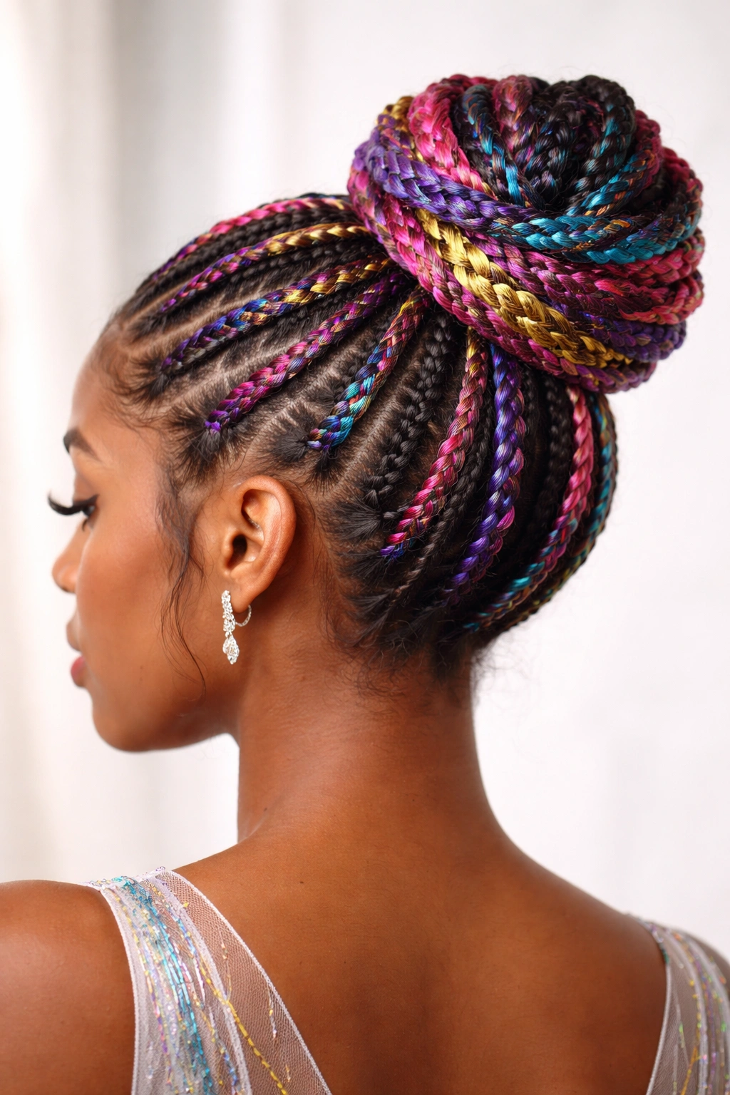 Multi-color braided bun with accent thread for prom