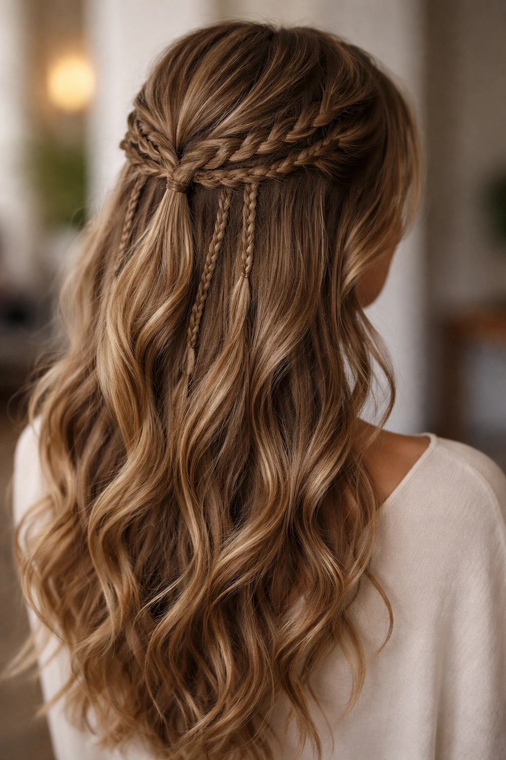 Several thin parallel braids in the half-up area with loose hair below.