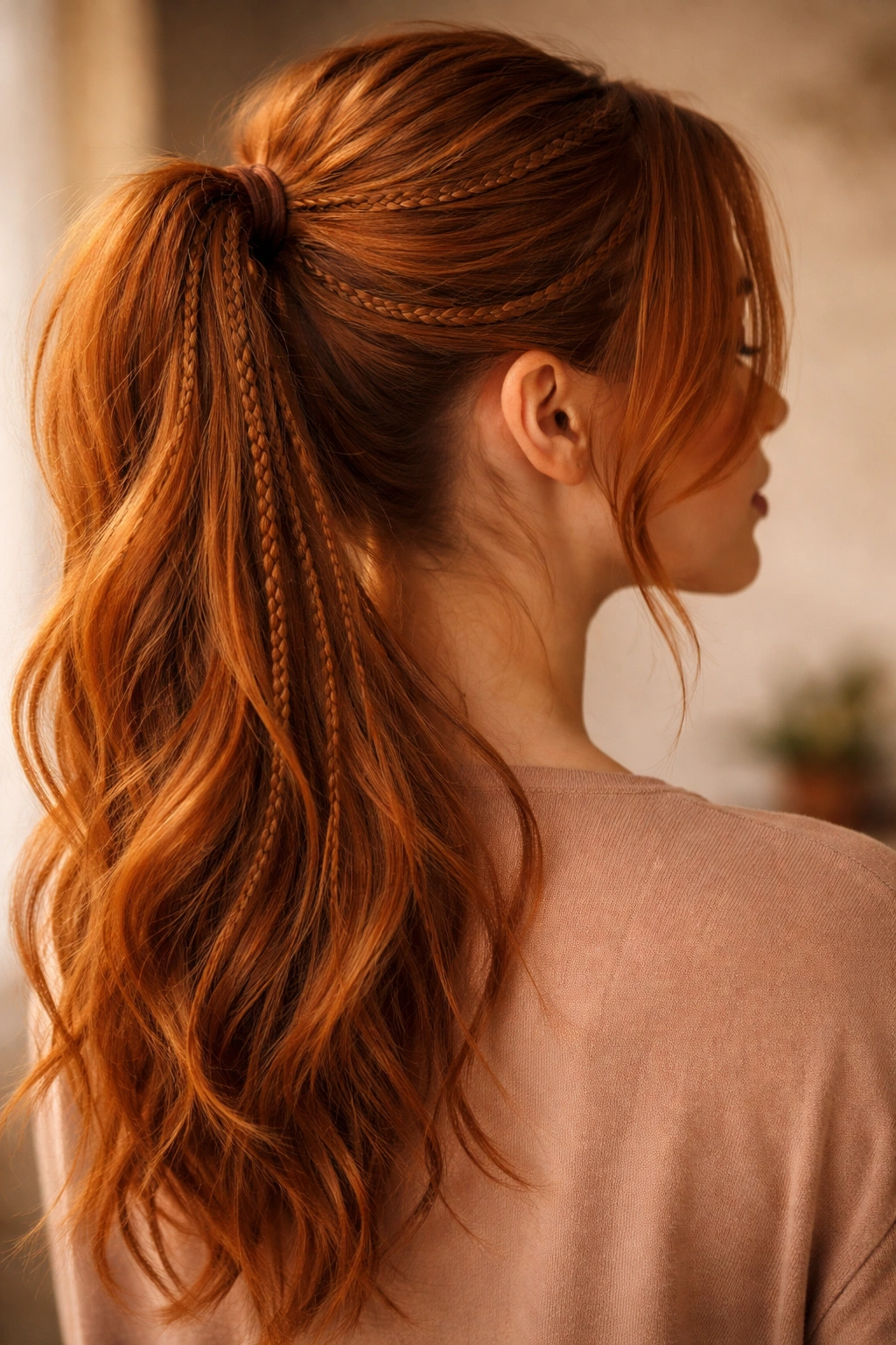 Ginger ponytail with multiple small braids woven through