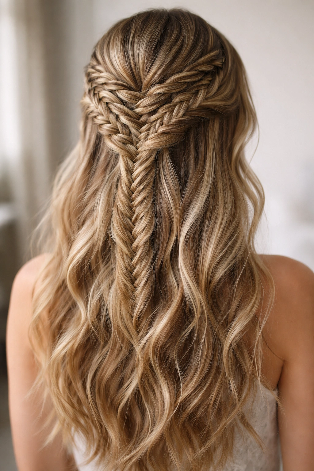 Dense multistrand fishtail braid with textured interwoven strands