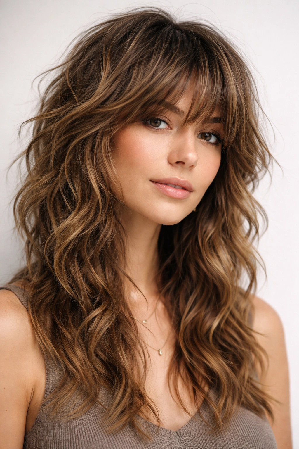 Head-and-shoulders shot of hair with multitextured shag, varied layers and textures