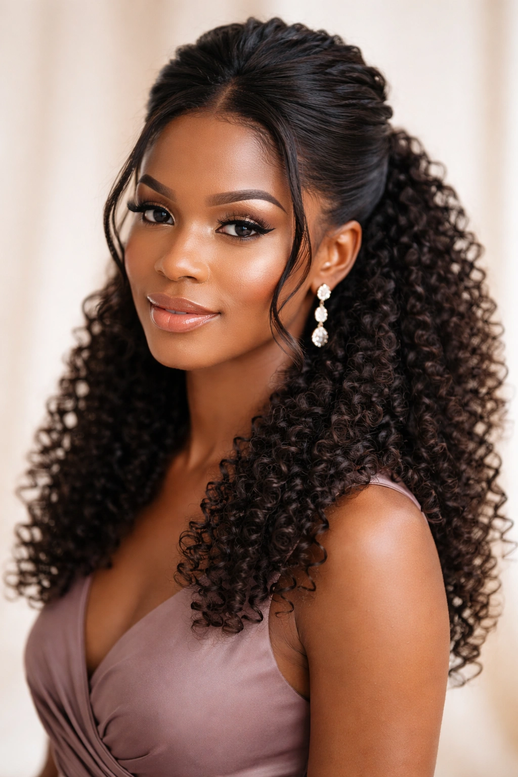 Half-up hairstyle highlighting natural curls and coils with a smooth top