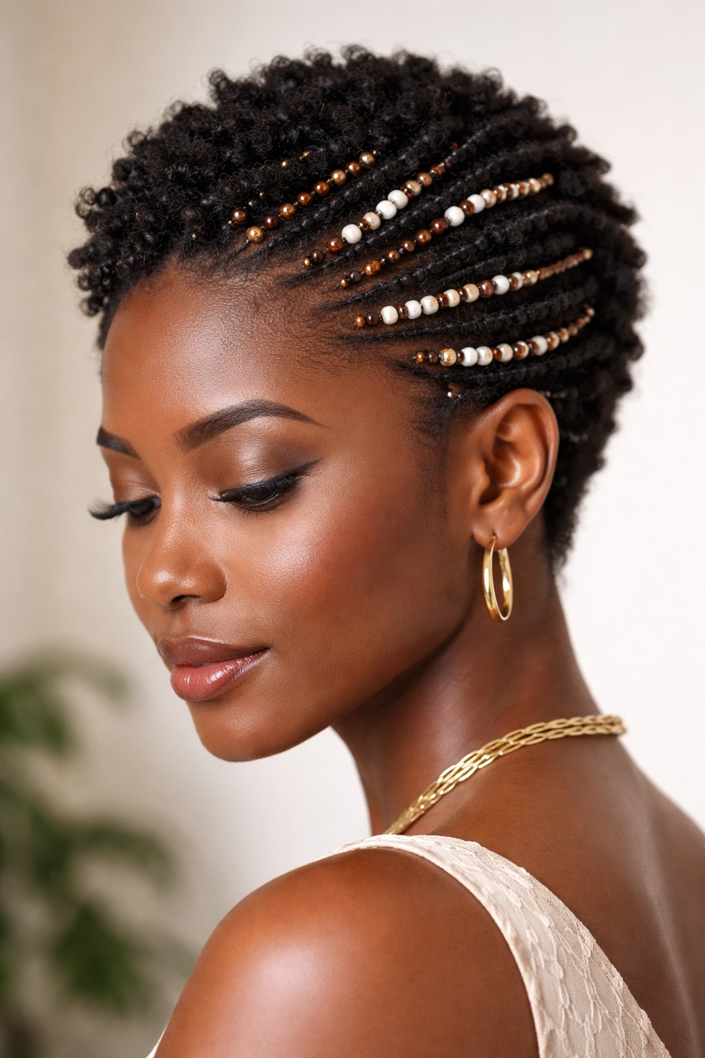 Natural textured short hair with beads woven into coils highlighting Igbo aesthetic