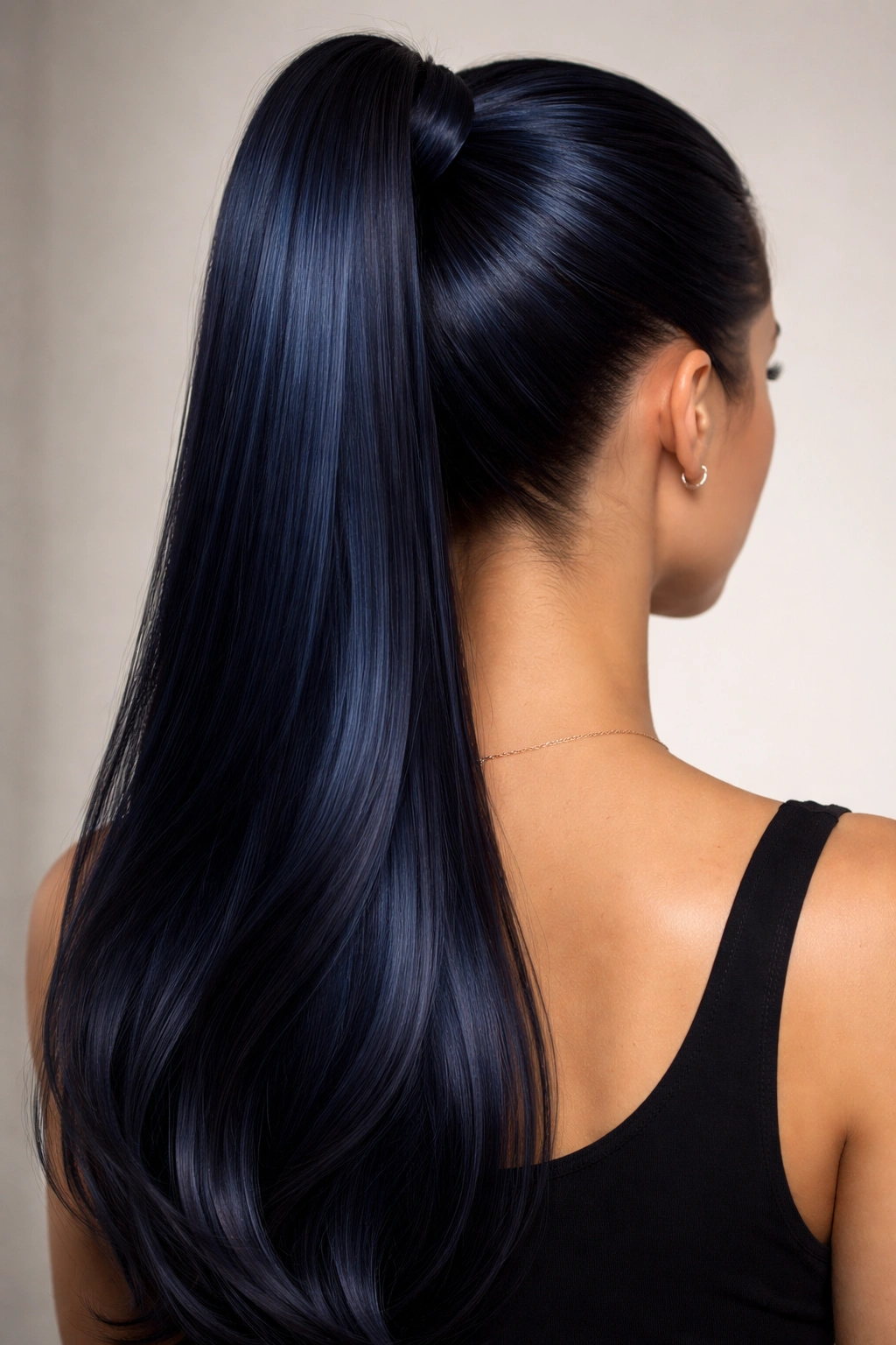 Back view of a high, sleek navy blue ponytail with glossy finish