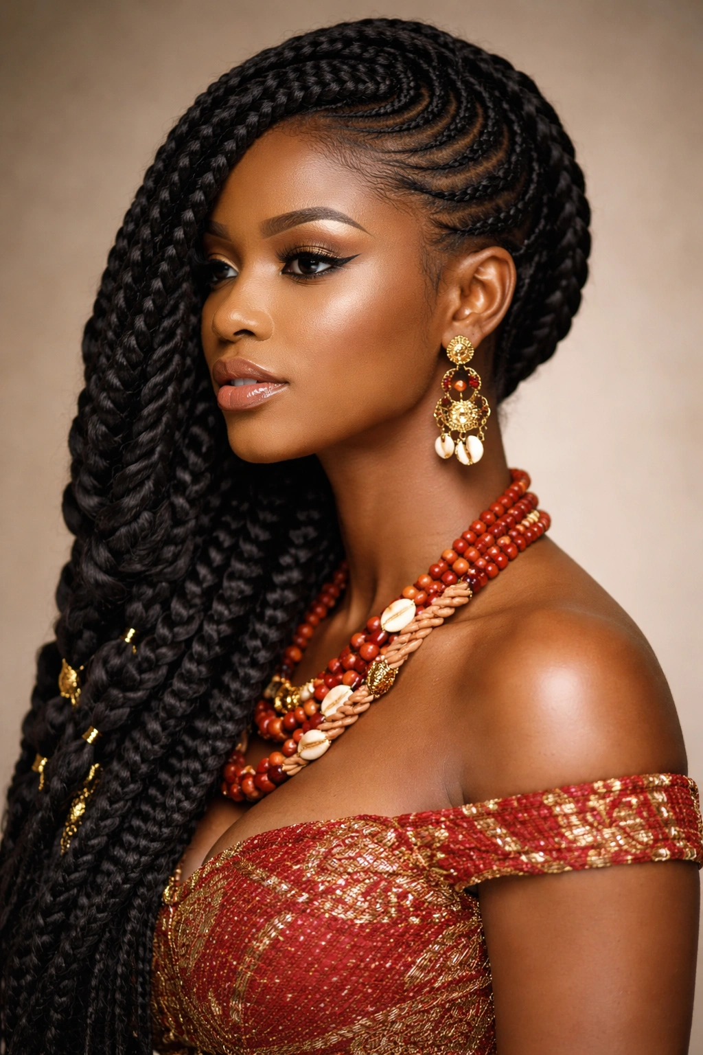 Close-up profile of thick side-swept Nda braids highlighting asymmetrical braid pattern