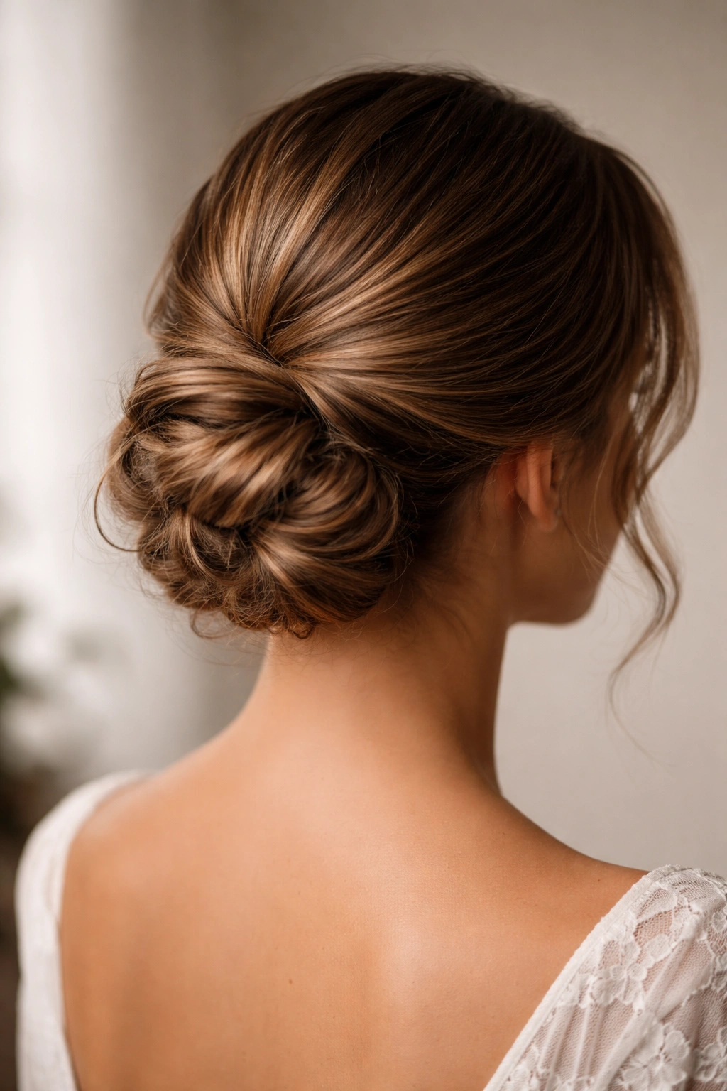 Back view of neat bun with smooth crown and textured ends on wavy hair
