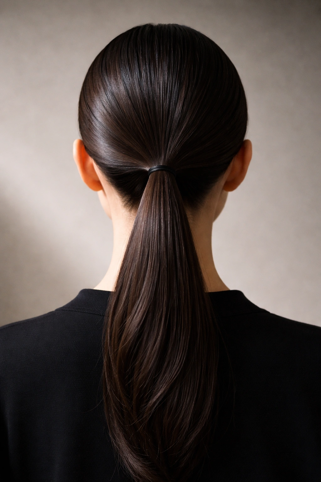 Back view of minimalist ponytail with intentional gap around the scalp