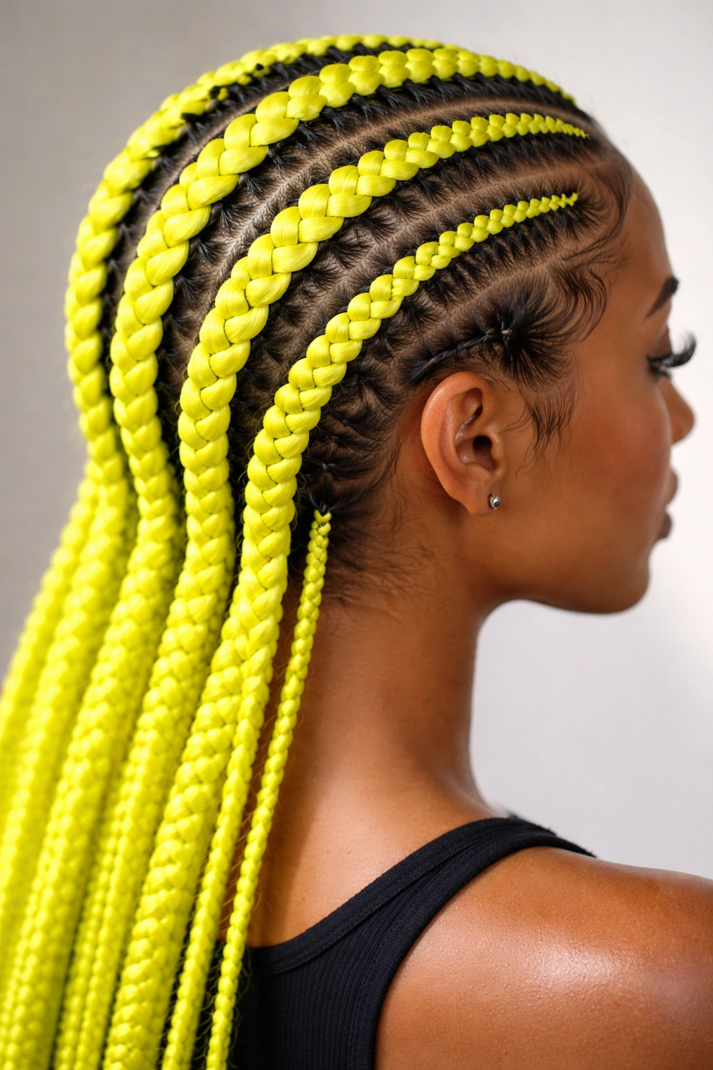 Close-up of neon yellow feed-in cornrows in studio lighting.