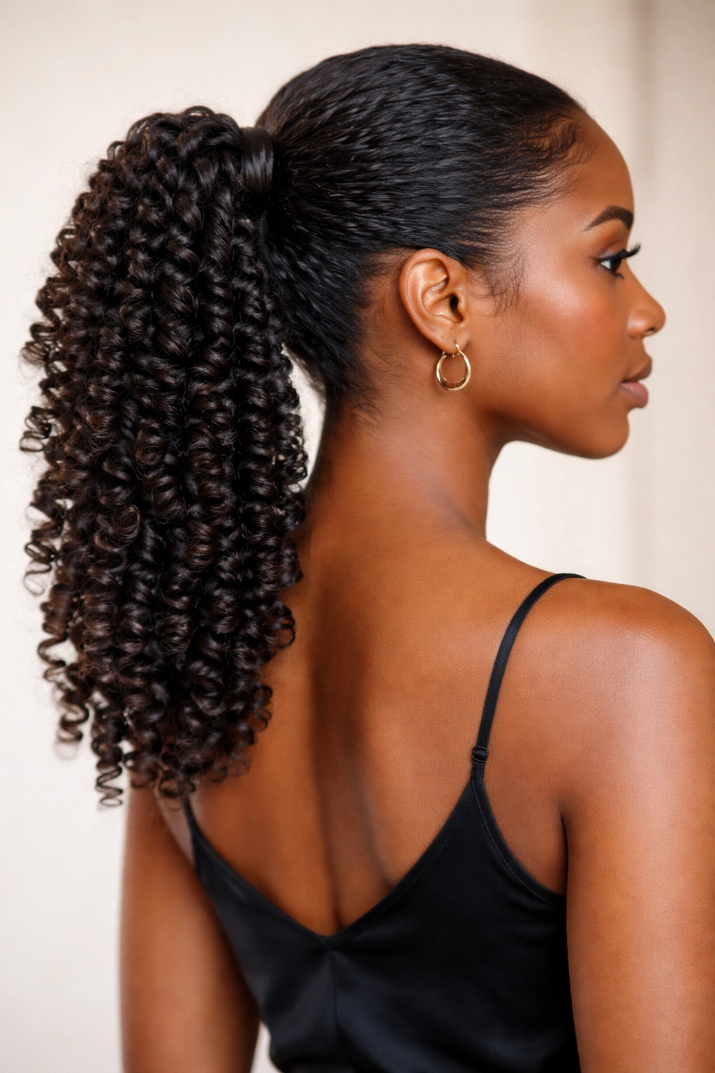 Mid-height ponytail with distinct nested coils