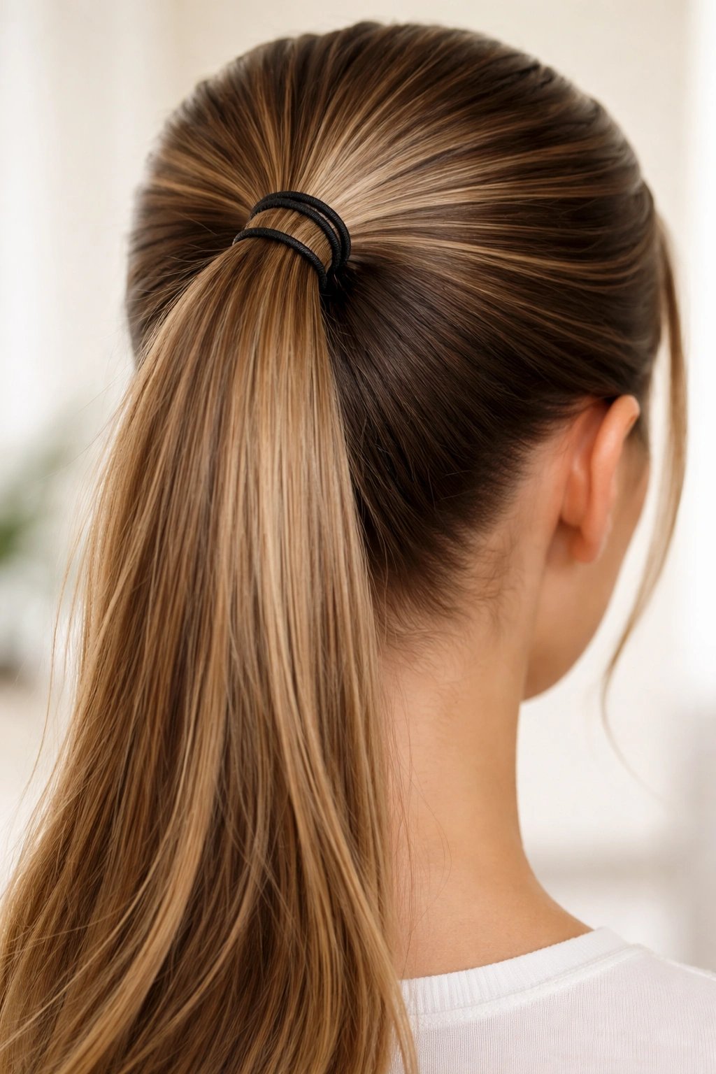 High ponytail with two elastic ties at the base