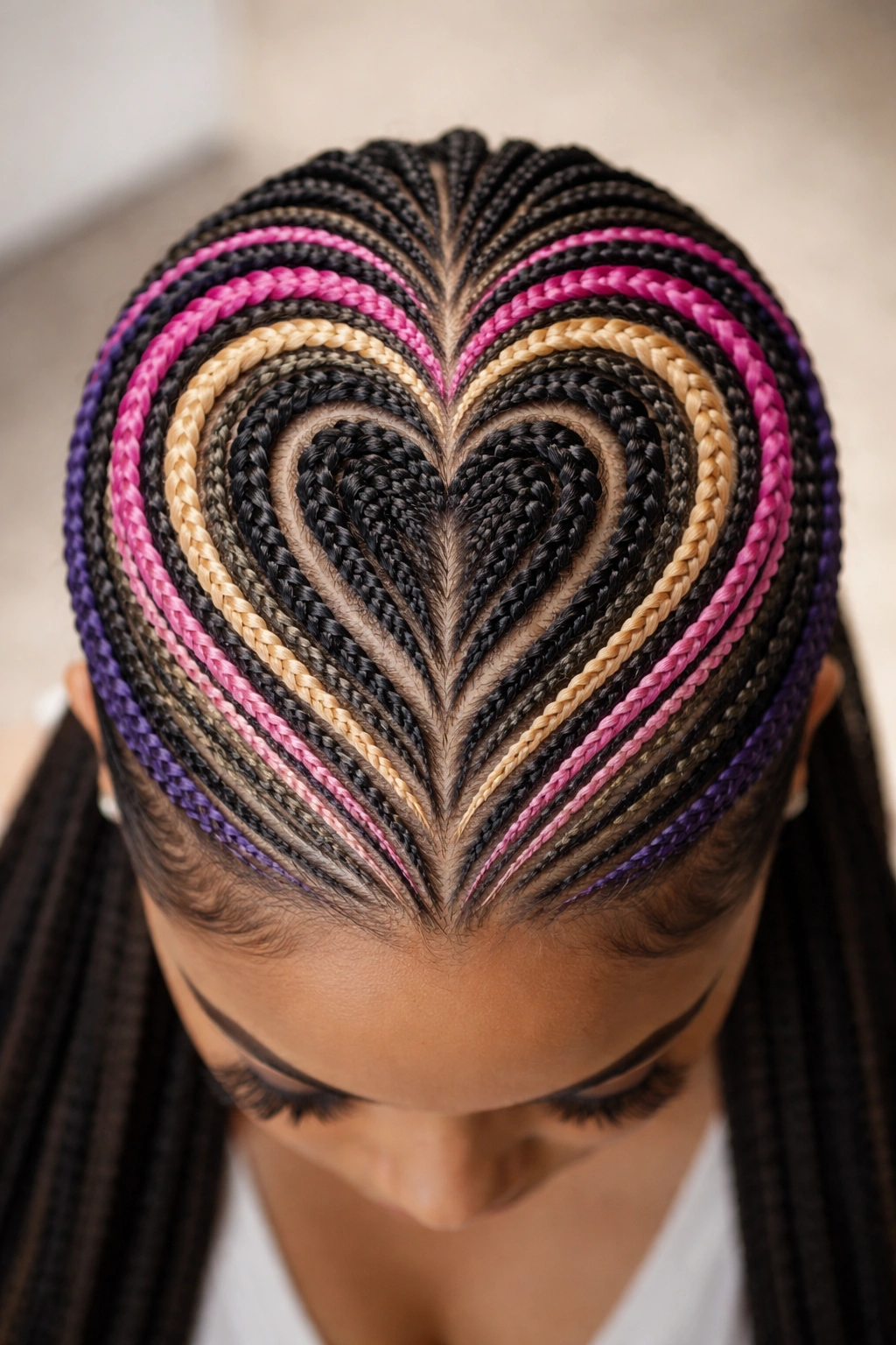Concentric nested heart patterns created with small feed-in braids and threading