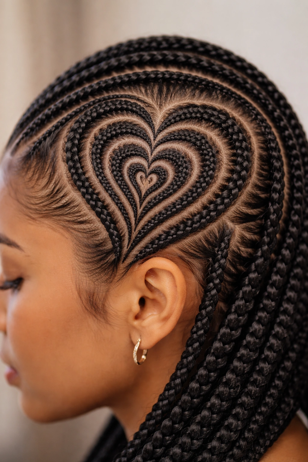 Nested hearts formed by fine cornrows on scalp