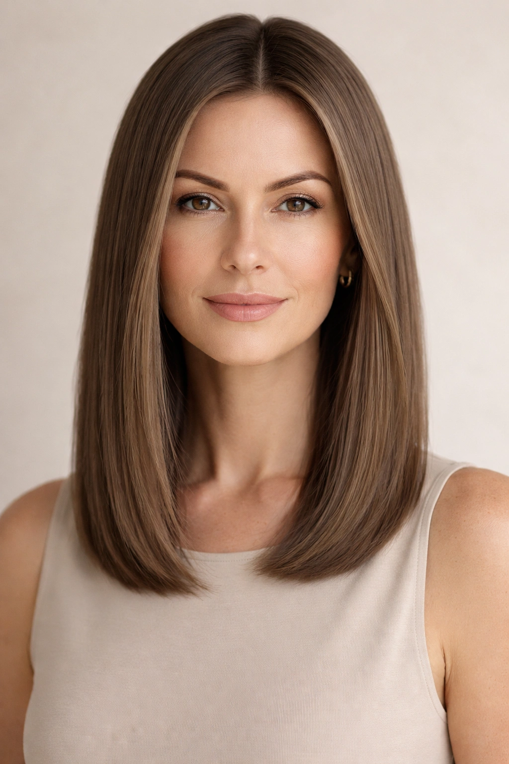 Minimalist straight hair in a neutral color with a precise cut in a studio portrait
