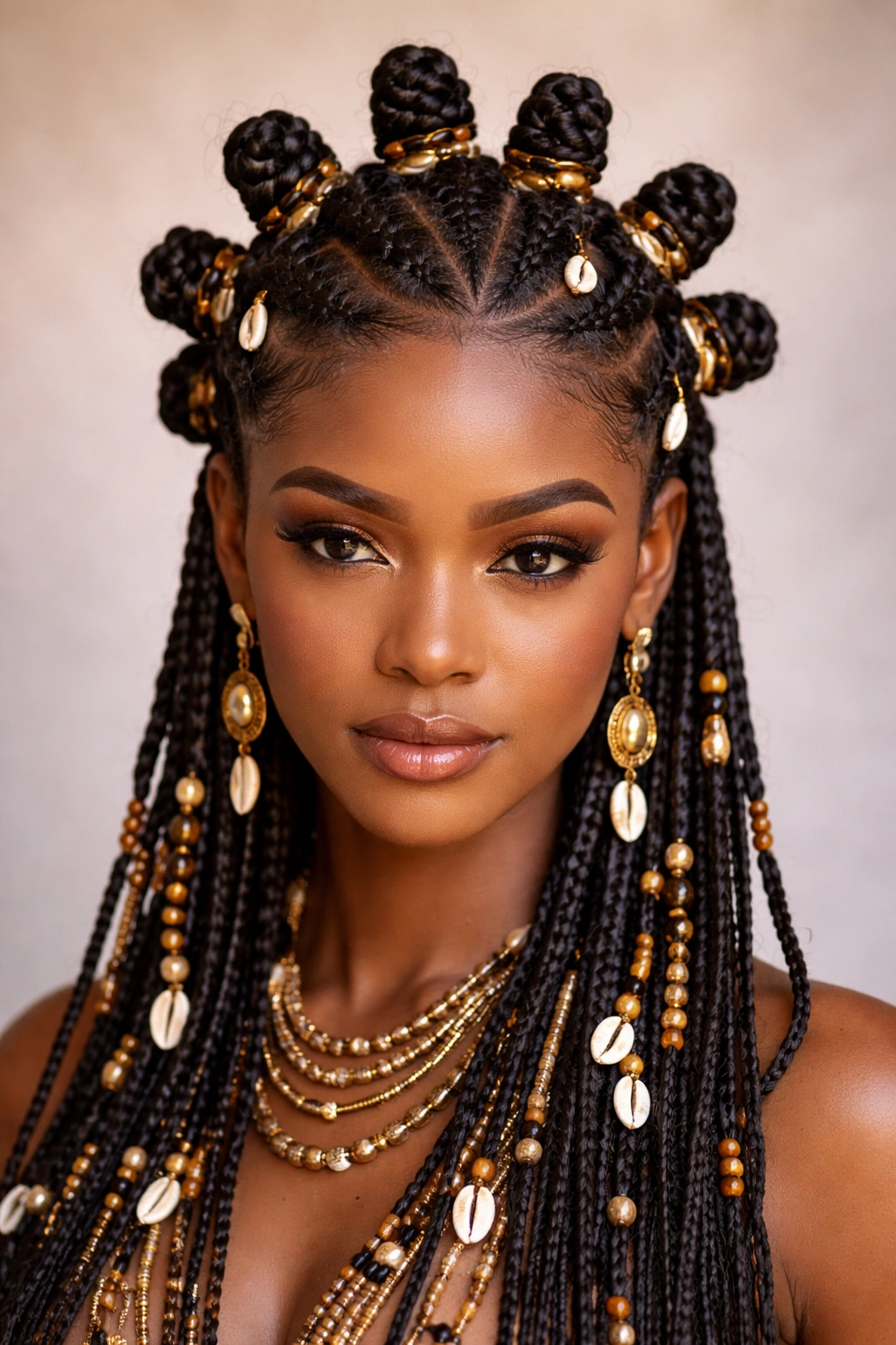 Close-up of Nubian Knots Fulani Style with upright crown knots and beads