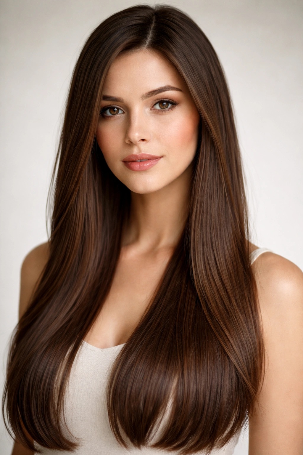 Full-head view of long straight hair with an off-center part