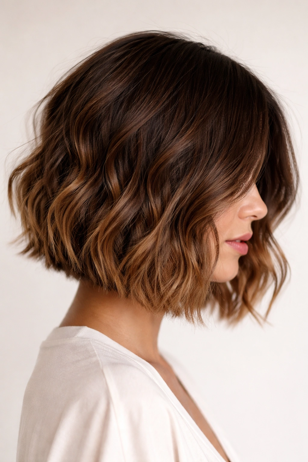 Chin-length ombre brown wavy bob with caramel ends