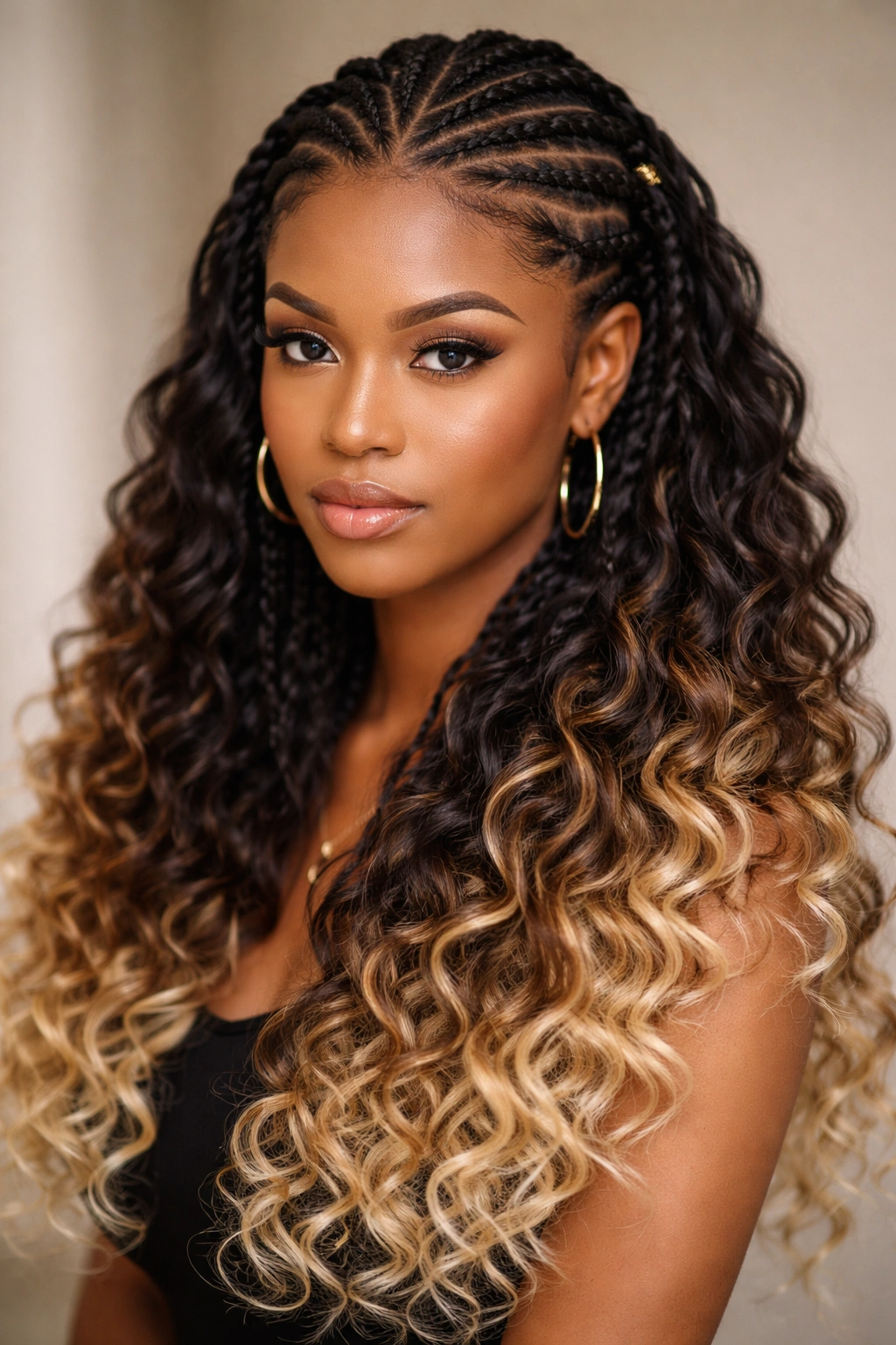 Butterfly cornrows with ombré curls fading to blonde