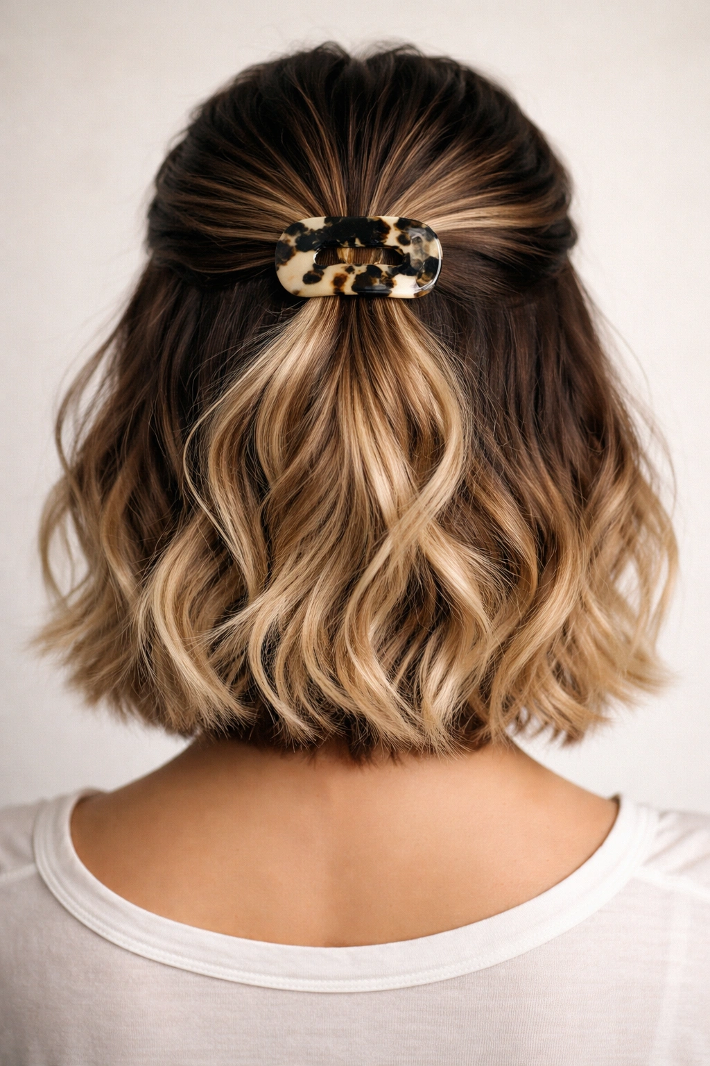 Close-up of ombre hair with a contrasting clip half-up