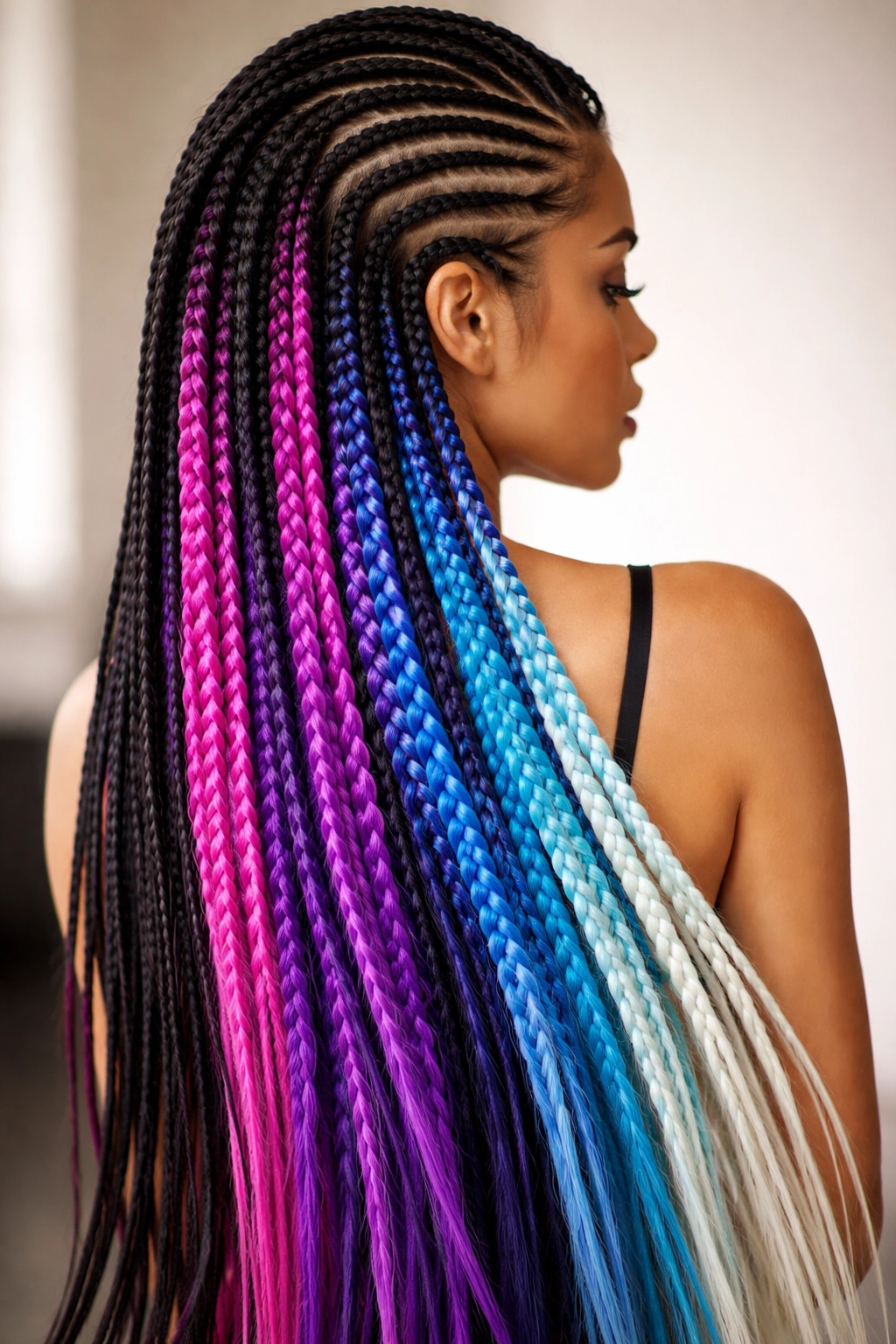 Back view of color-blocked ombre cornrows with contrasting colors