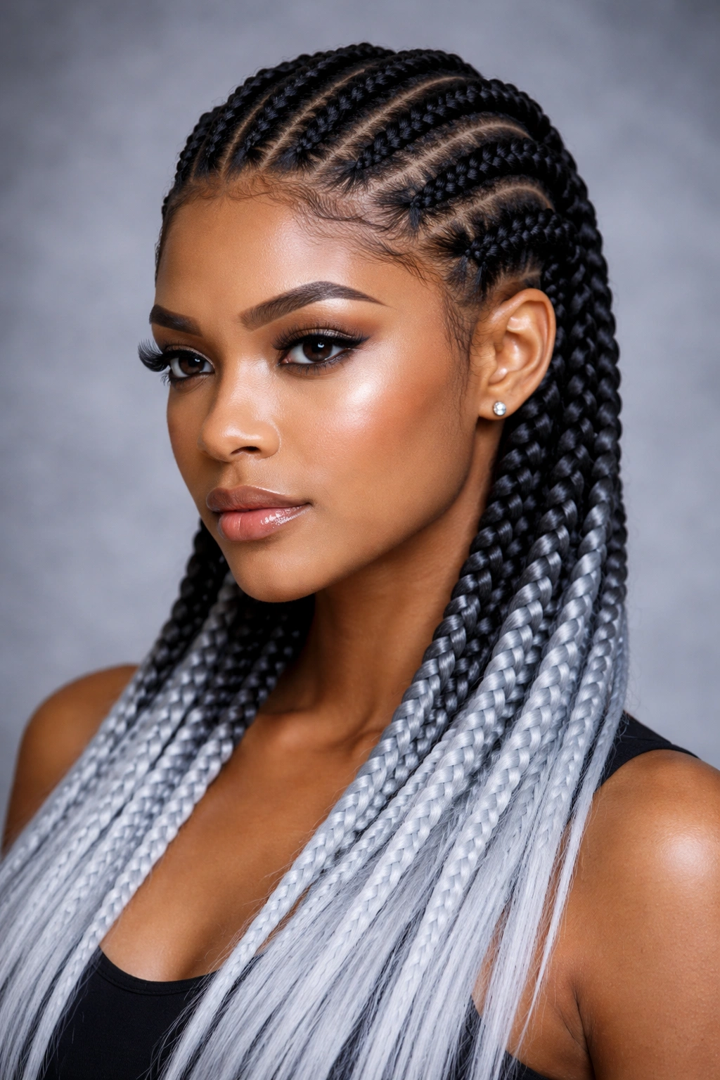 Close-up black-to-silver ombre cornrows with cool tones