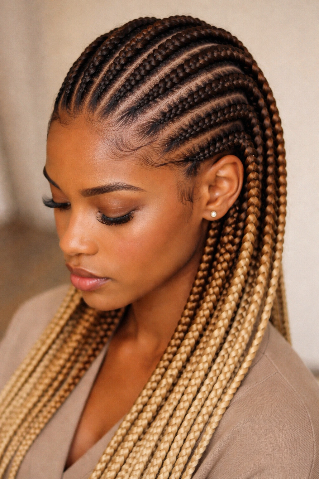 Close-up of classic blonde-to-brunette ombre cornrows with dark roots fading to honey blonde, studio lighting