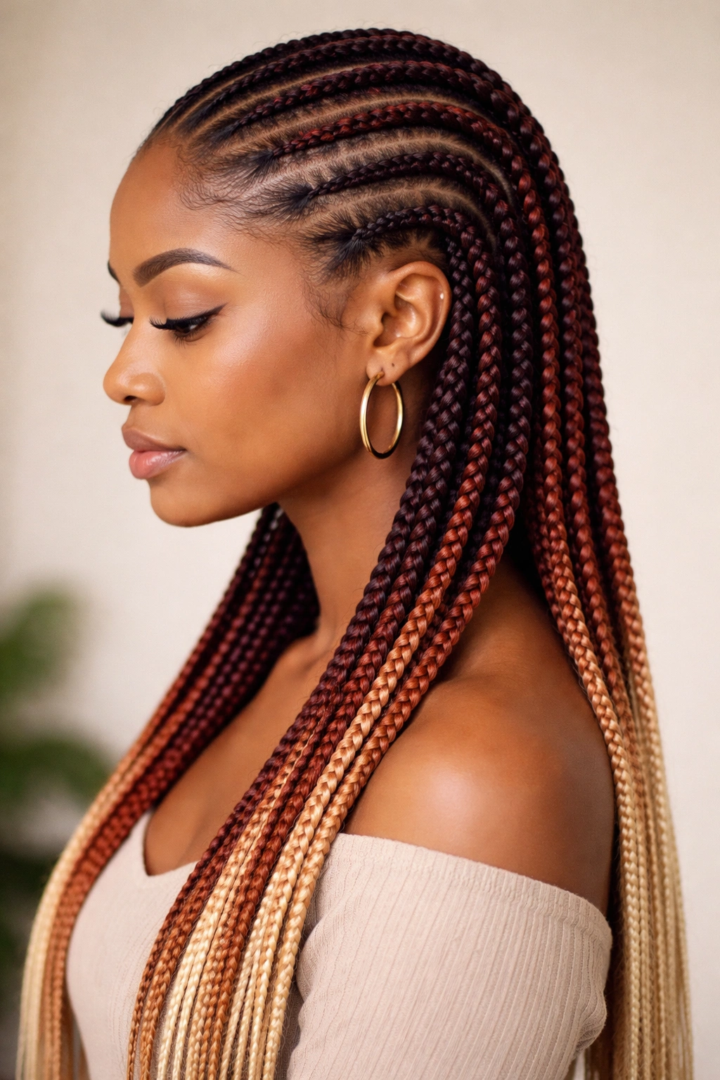 Ombré threaded cornrows with color-faded box braids