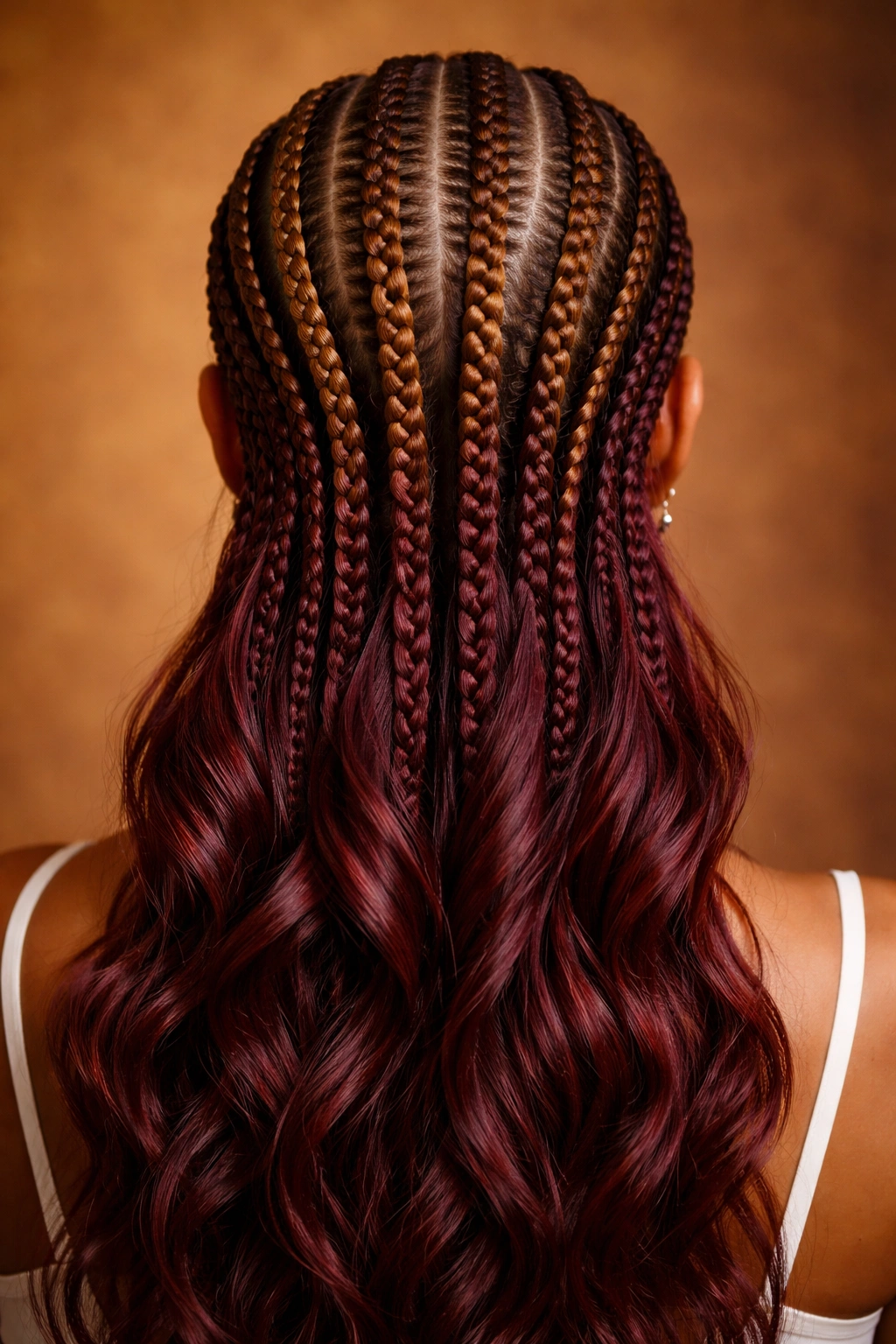Close-up caramel-to-burgundy ombre cornrows with warm, rich tones