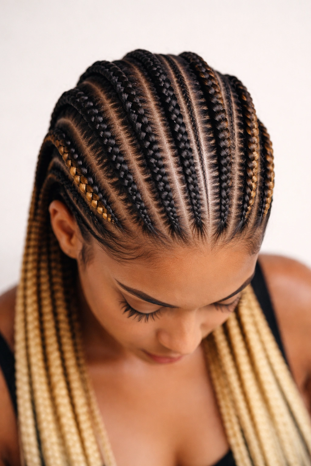 Close-up of finished ombre feed-in cornrows showing neat braids and color transition against a plain background