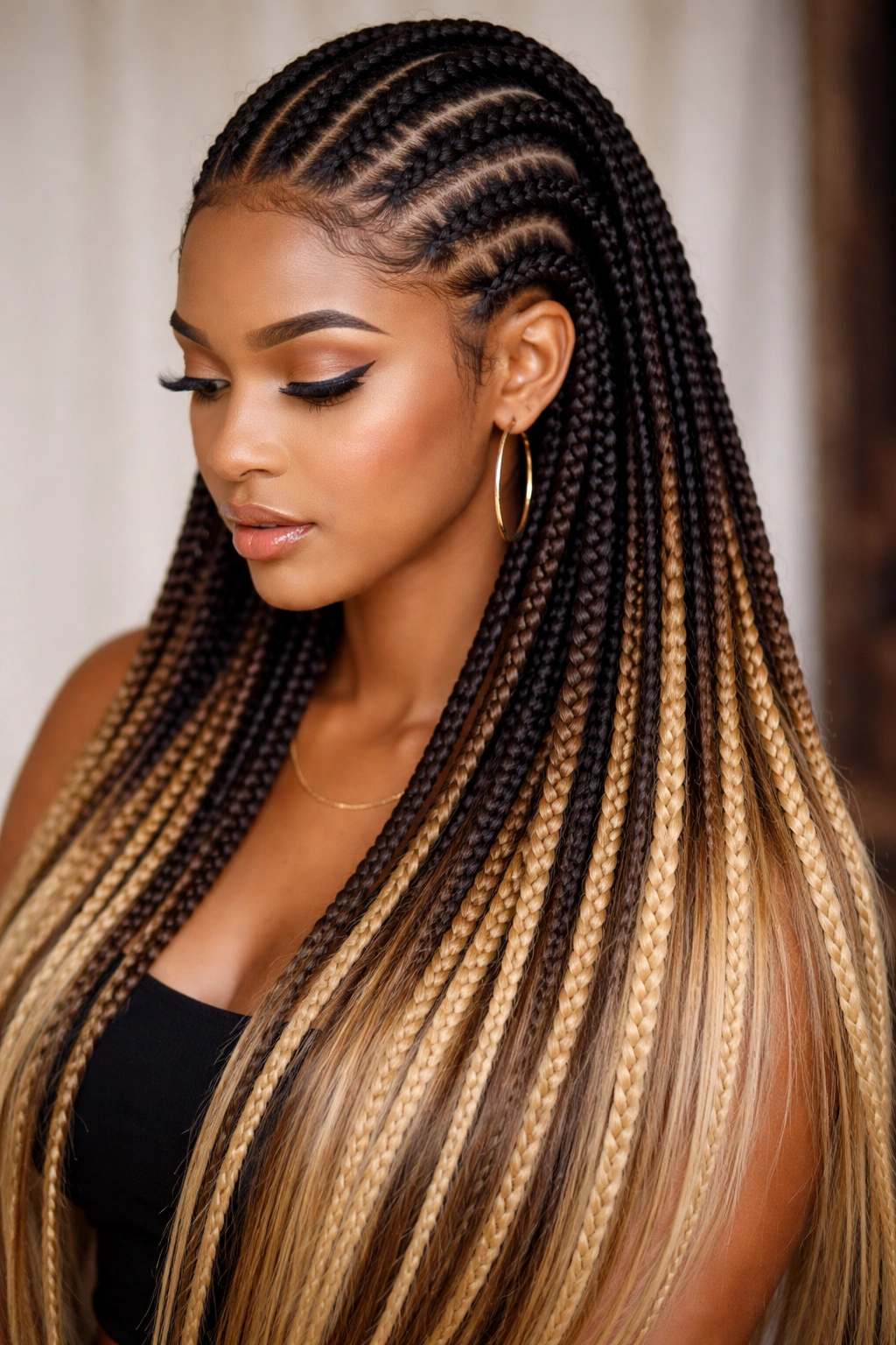 Close-up of feed-in cornrows with ombre gradient extensions showing color transition