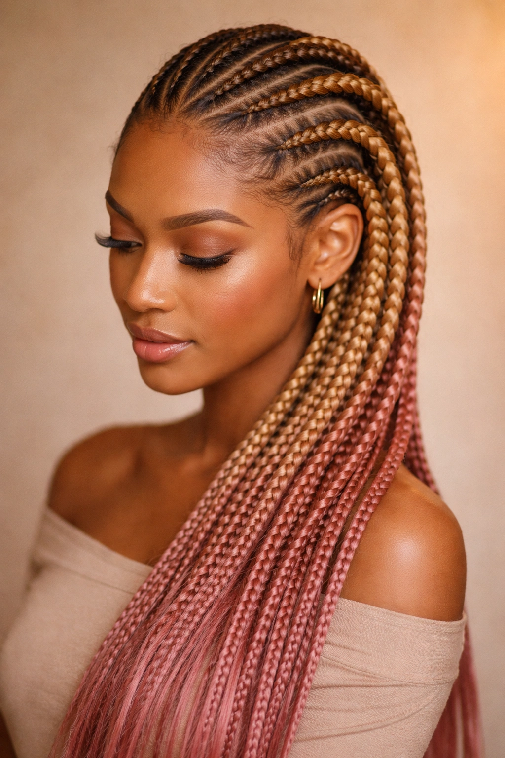 Close-up honey-blonde to rose-gold ombre cornrows with warm glow